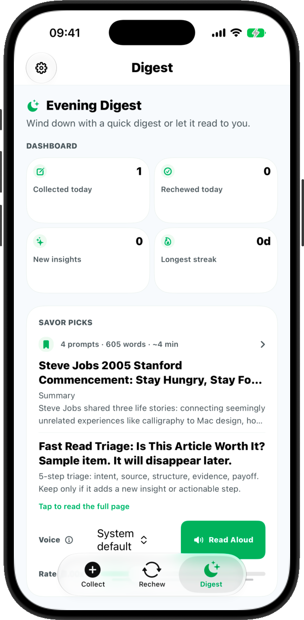 ReChew Daily Digest on iPhone, designed for an easy reading review habit